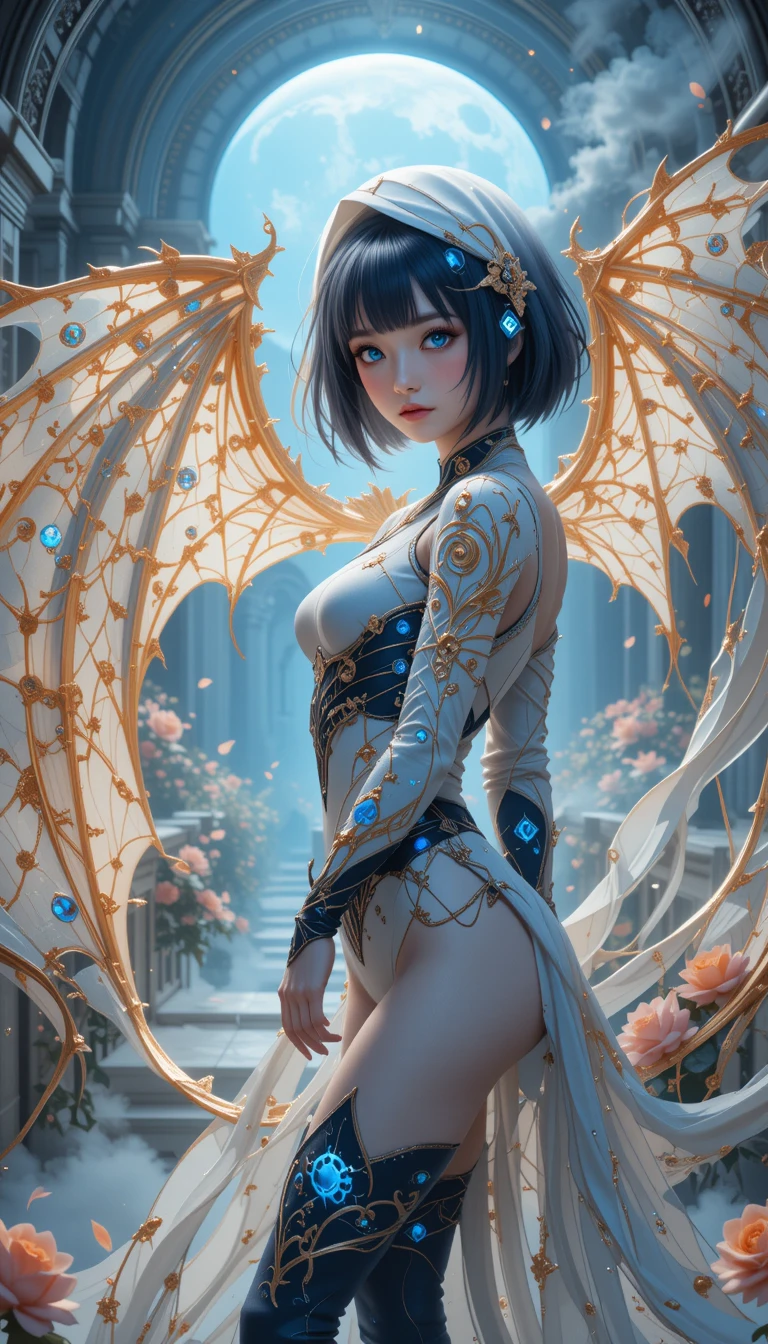 Chica de anime elegante con alas de dragón en un palacio blanco