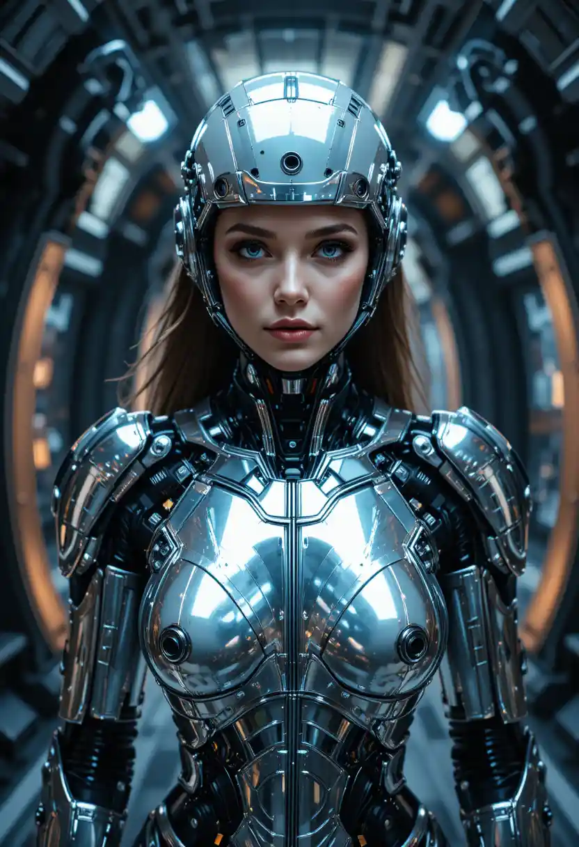 Donna cyborg che cammina in un corridoio futuristico di astronave