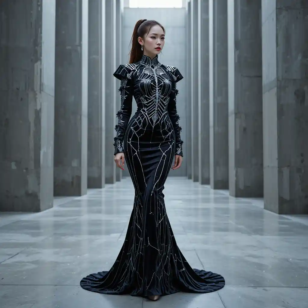 Koreanisches Model in silberner Web-Couture-Robe in brutalistischem Saal