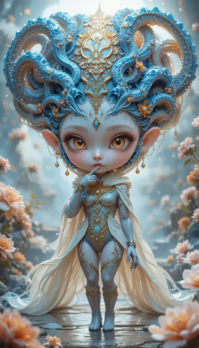 Graceful hooded spirit woman before a white fairy palace