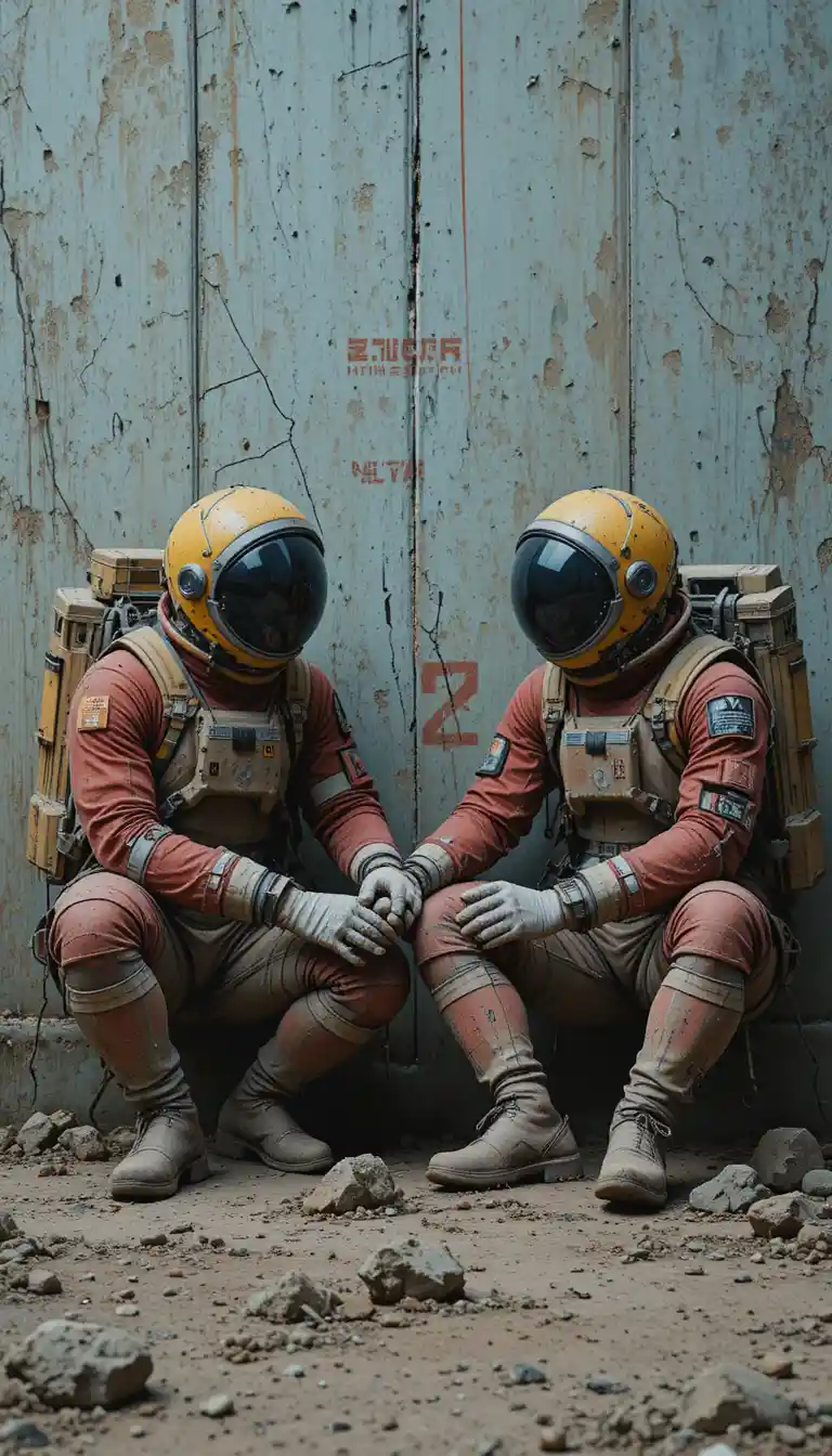Two astronauts holding hands against a damaged urban wall
