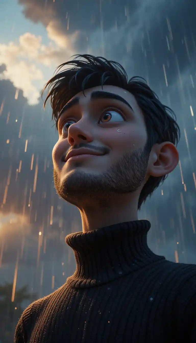 朝の雨の中で柔らかく微笑む3Dカートゥーン風の男性