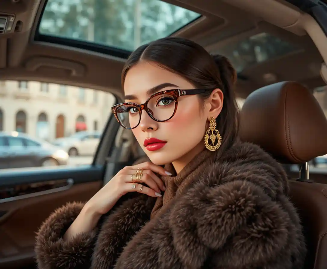 Elegante Frau im Pelzmantel fährt ein Luxusauto