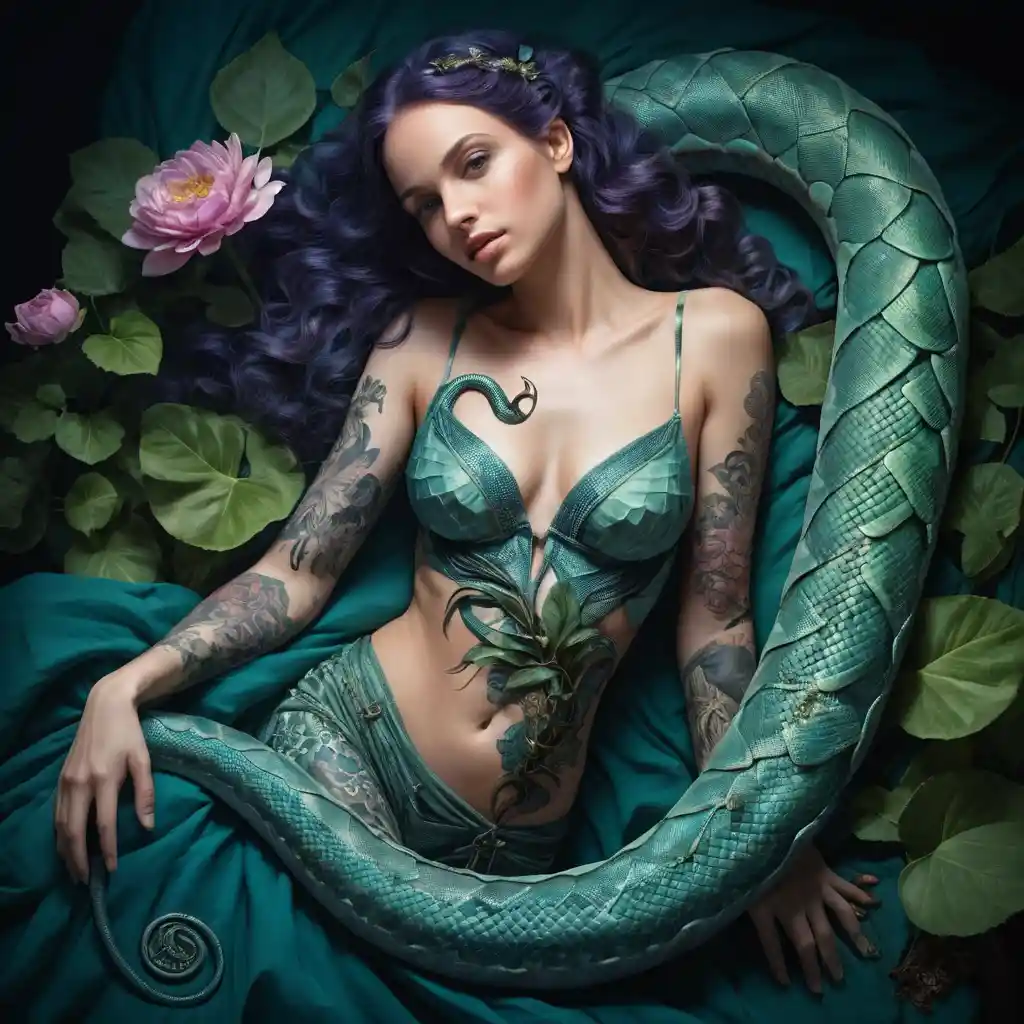 Tattooed woman on green snakes with looming horned monster