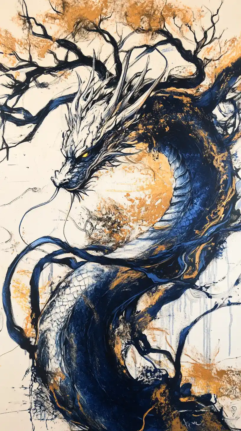 Abstract tree dragon in bold mixed media composition