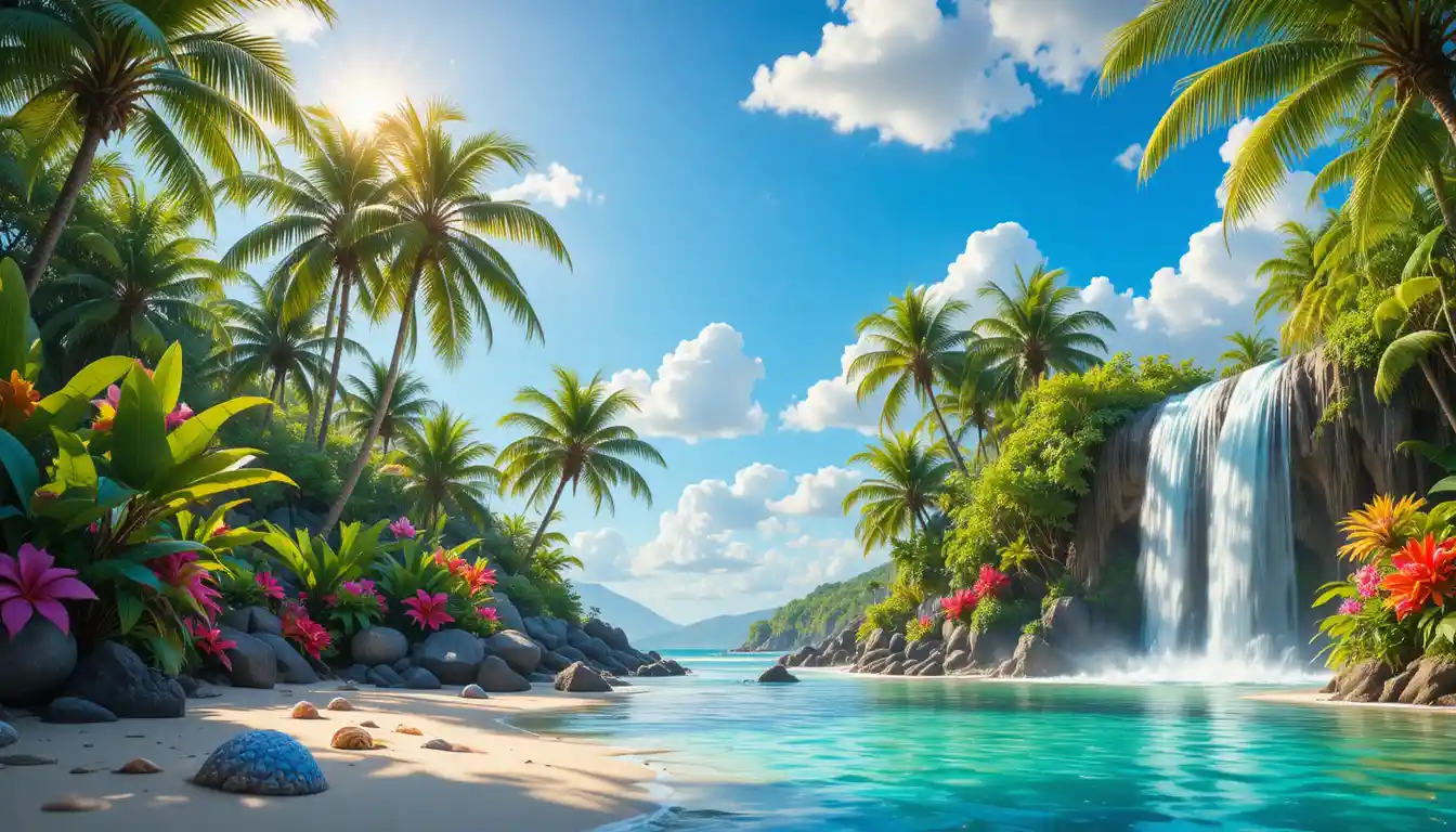 Tropical palm trees by a serene waterfall under blue skies