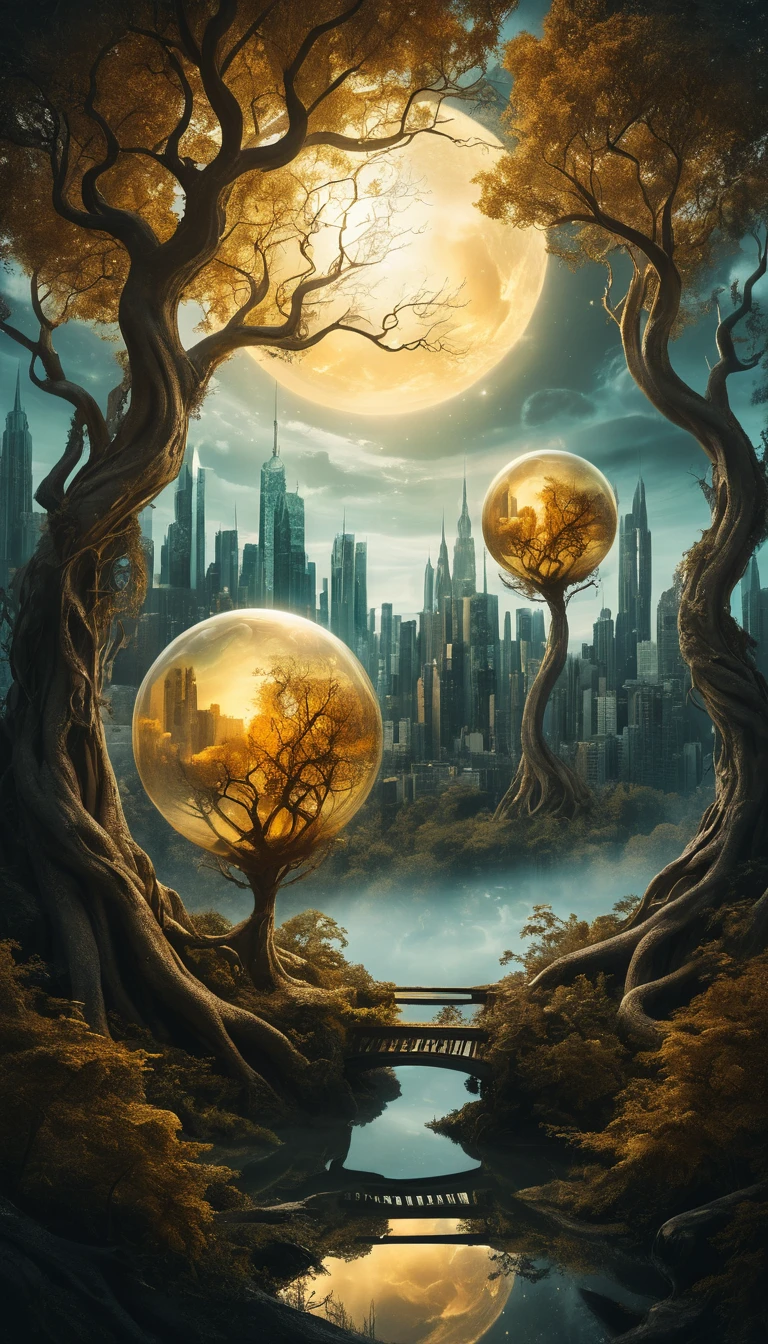 Bosque surreal que se fusiona con la ciudad bajo una luz dorada