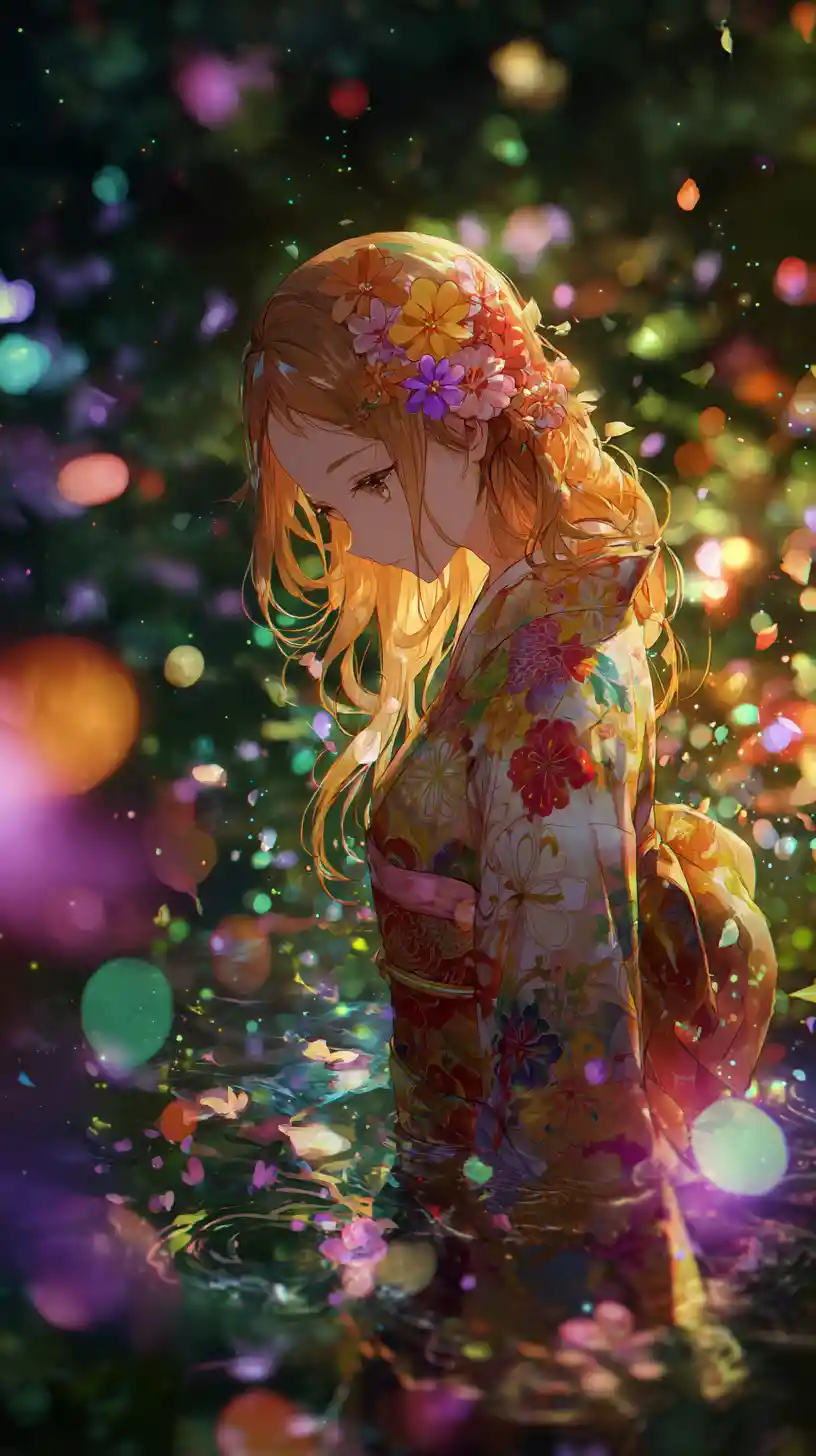 Anime girl in floral kimono by a shimmering pond