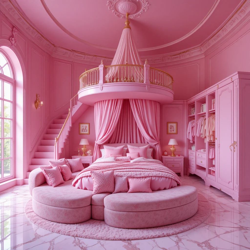 Dormitorio rosa lujoso con cama circular y fuerte con dosel