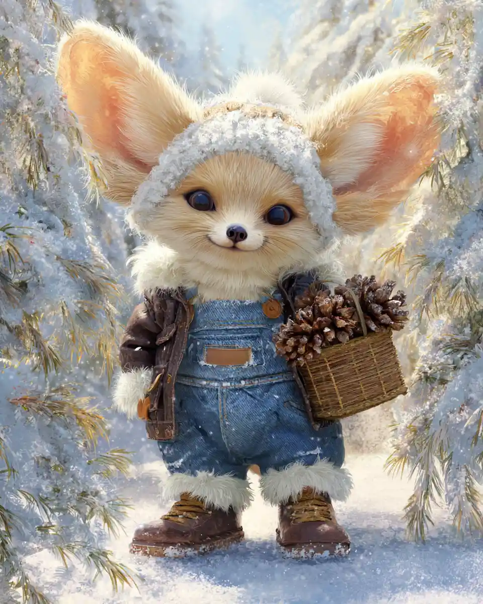 Süßer Fennekfuchs in Winterwald – Bilderbuchillustration