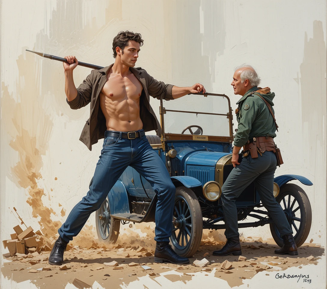Muscular man attacking soldiers in a fiery war zone