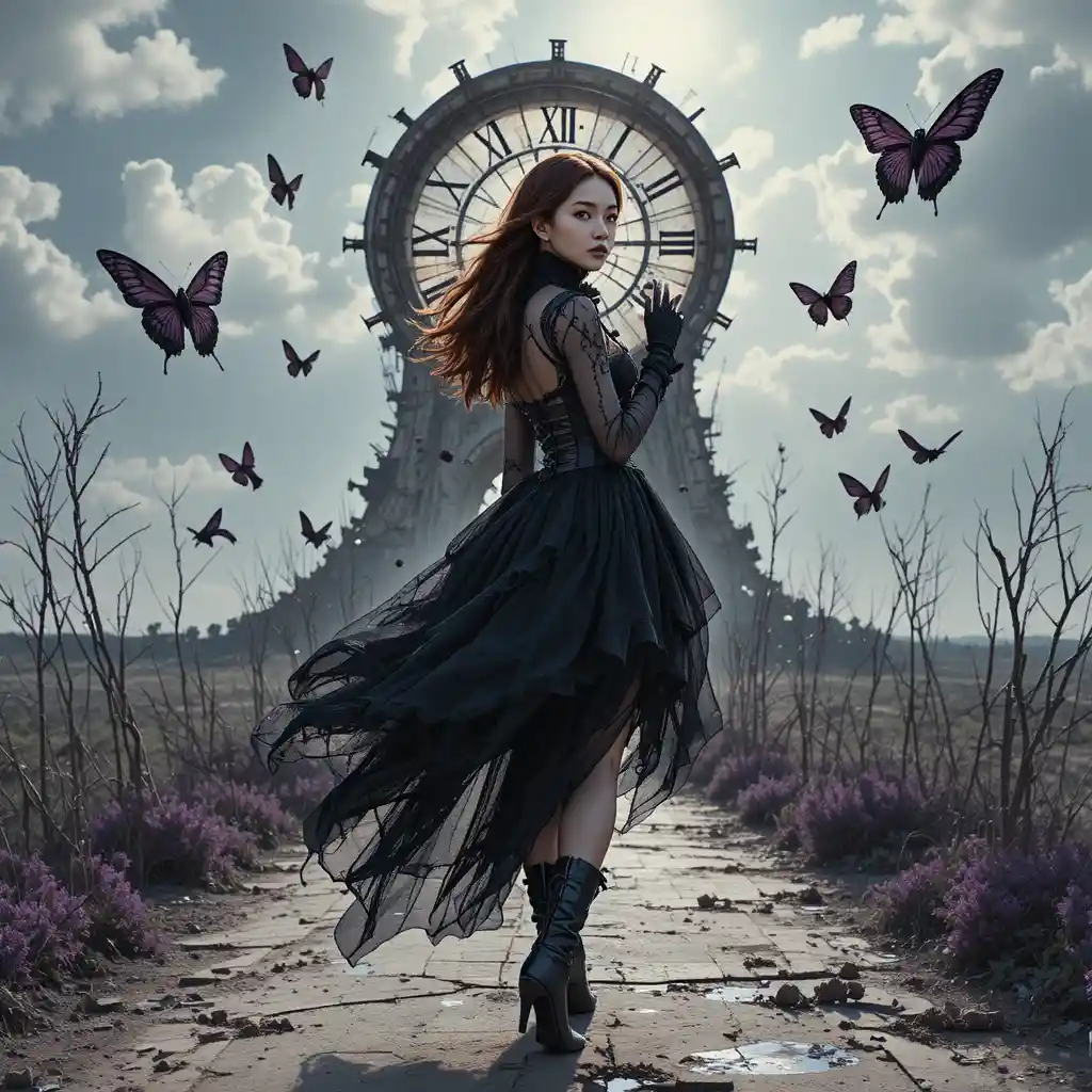 Korean woman running toward a broken surreal clock tower