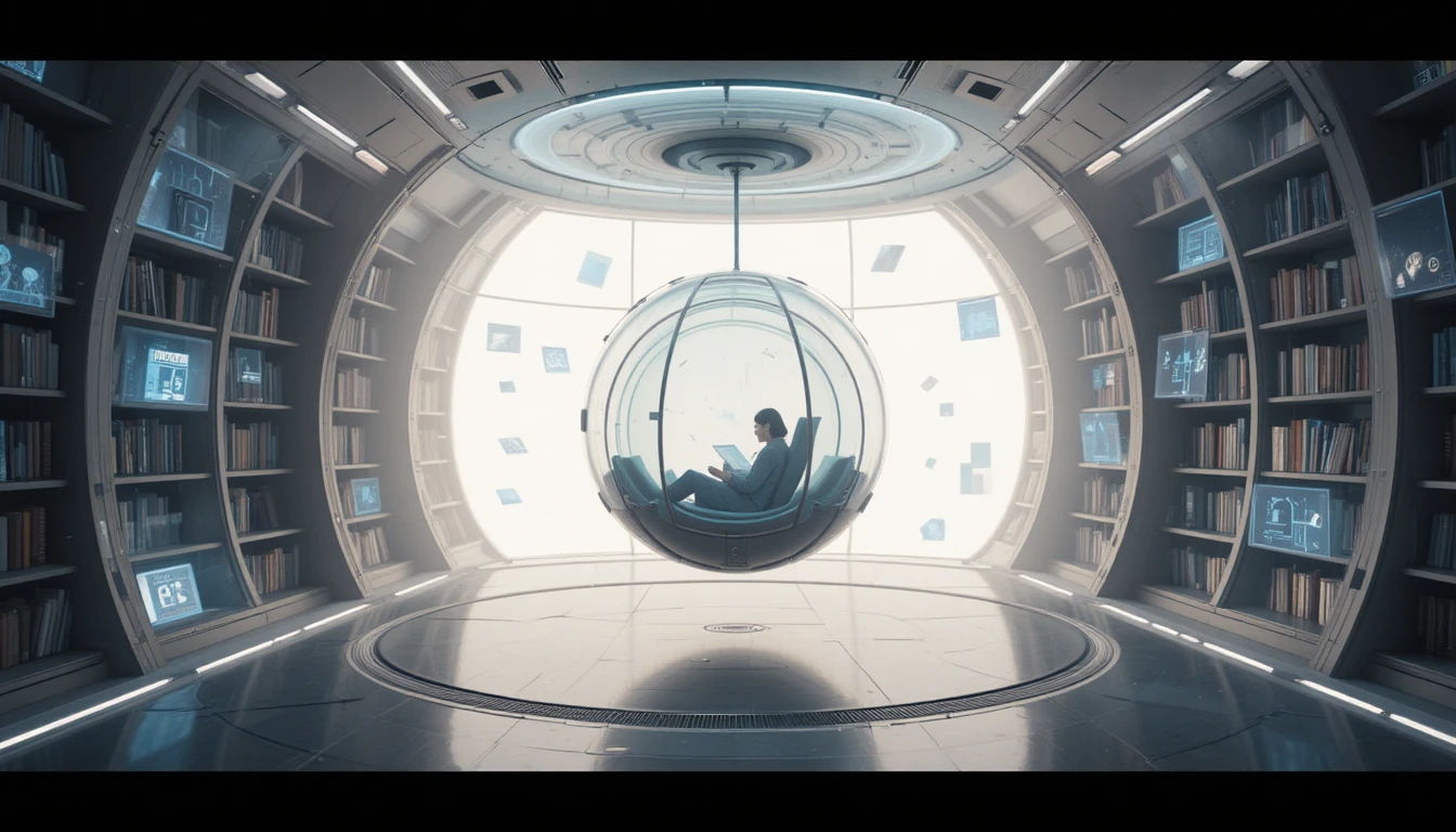 Futuristic reading pod in a tranquil zero gravity library