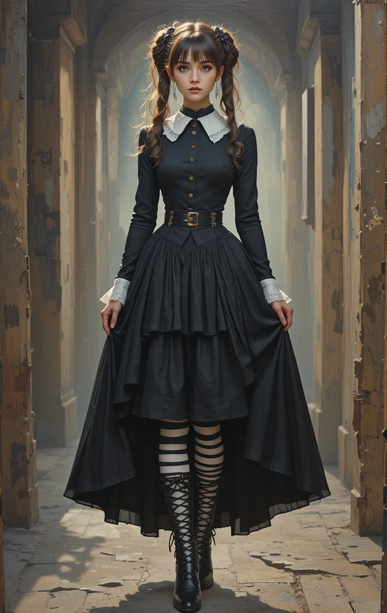 Femme Gothic Lolita en robe noire baignée de lumière dorée