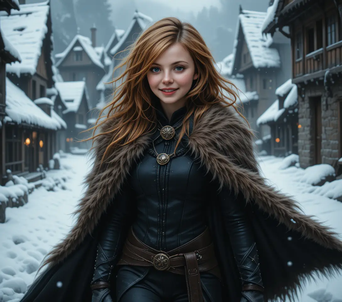 Close up of woman in fur cape in snowy medieval village