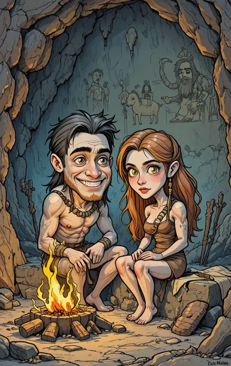 Coppia di cavernicoli cartoon accanto al focolare luminoso in una grotta