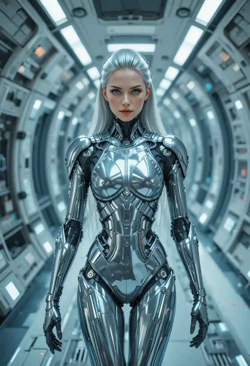Female cyborg walking through a futuristic spaceship corridor