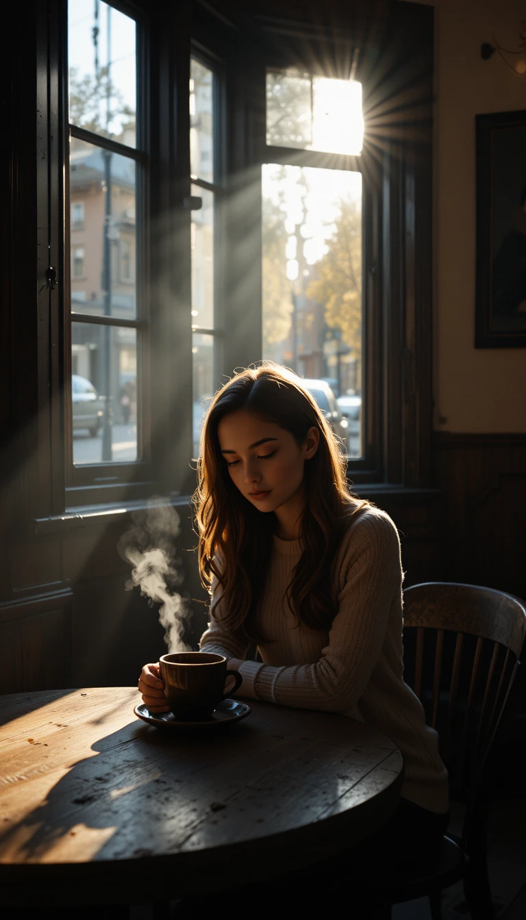Young woman with coffee in a quiet morning cafe