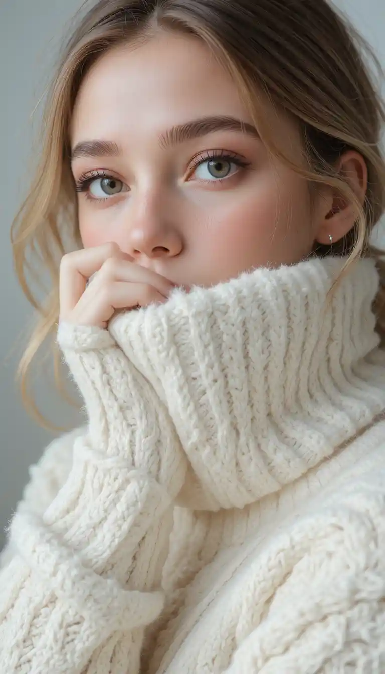 Winter fashion close up of woman in white fur hat