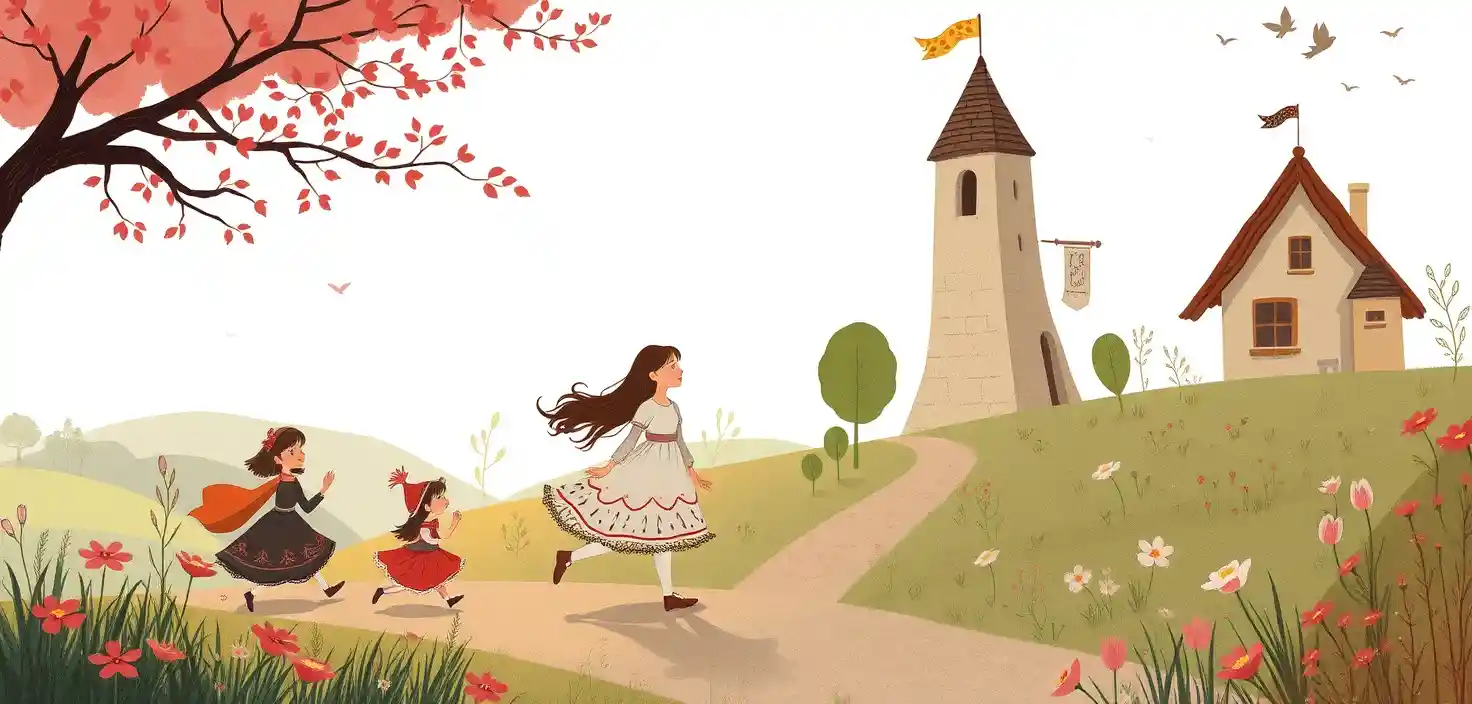 Charming storybook illustration of a nostalgic village walk
