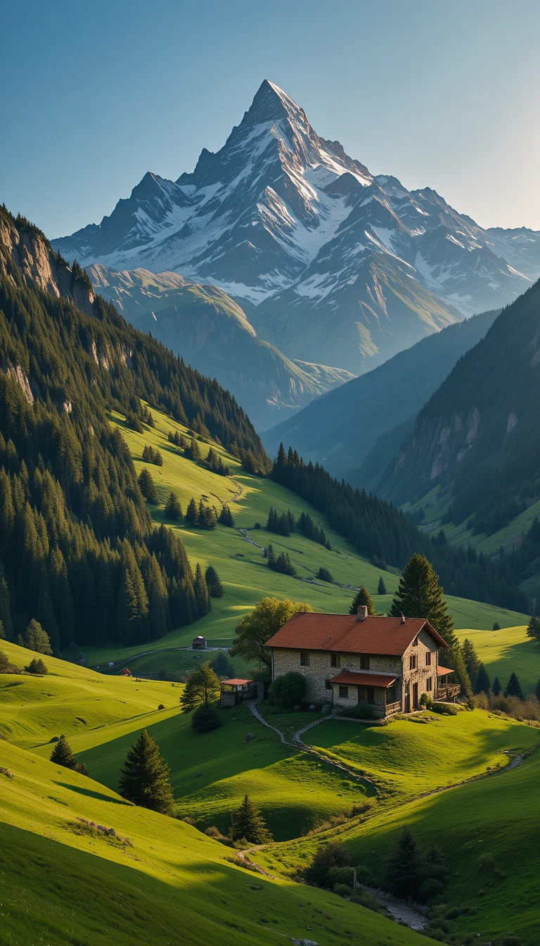 Sunlit mountain valley with stone house and evergreen forests