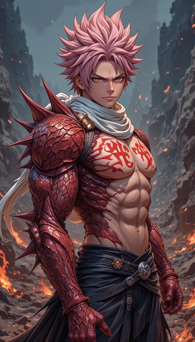 Herói de anime com braço de dragão em um ermo rochoso cheio de brasas