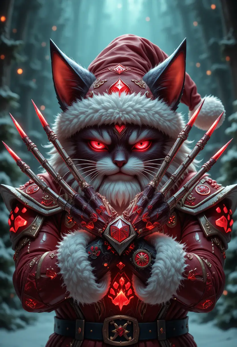 Crossed crystal claws in front of a fierce tabby cat
