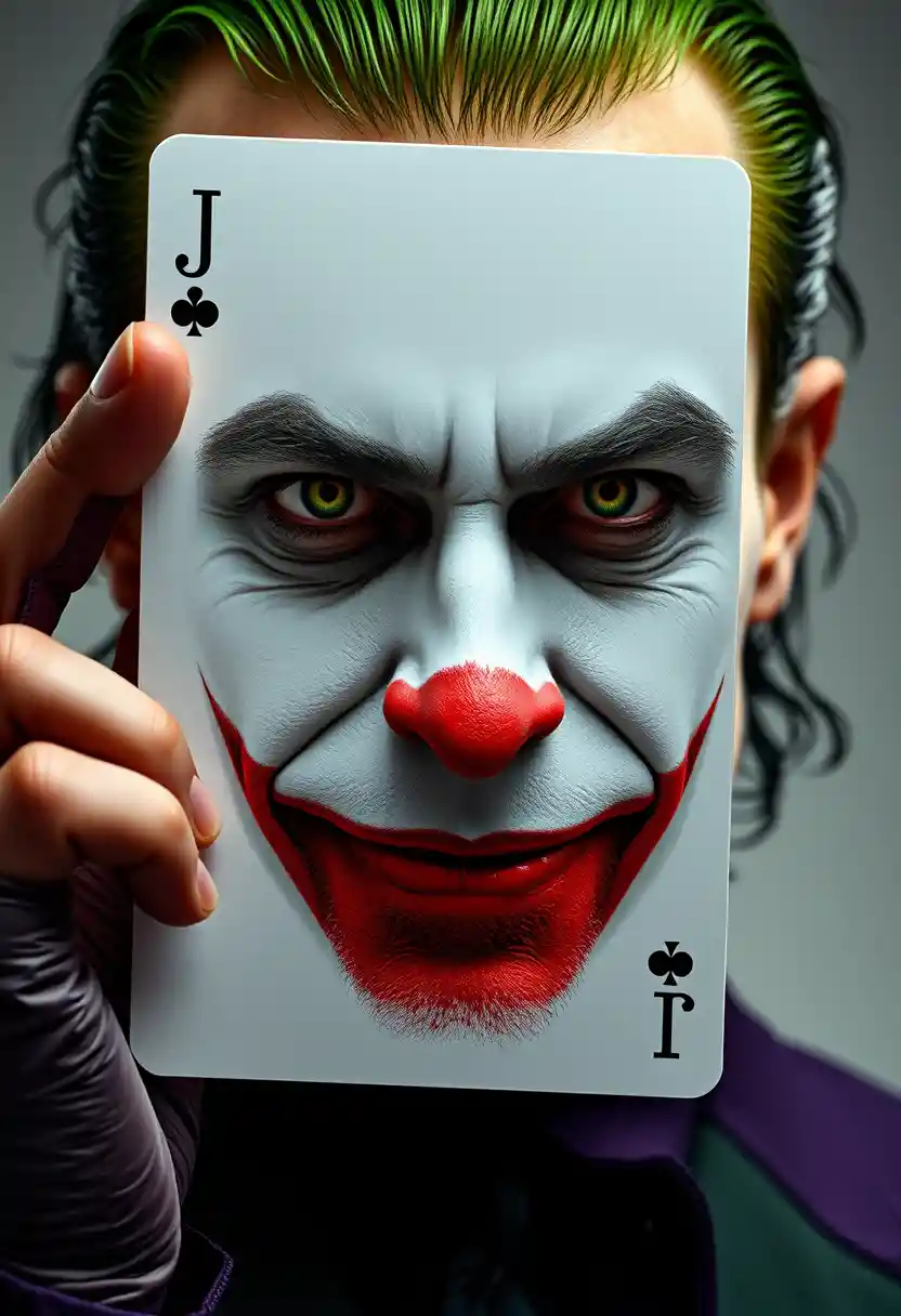 Grünhaariger Mann mit Joker-Make-up und Spielkarte in der Hand
