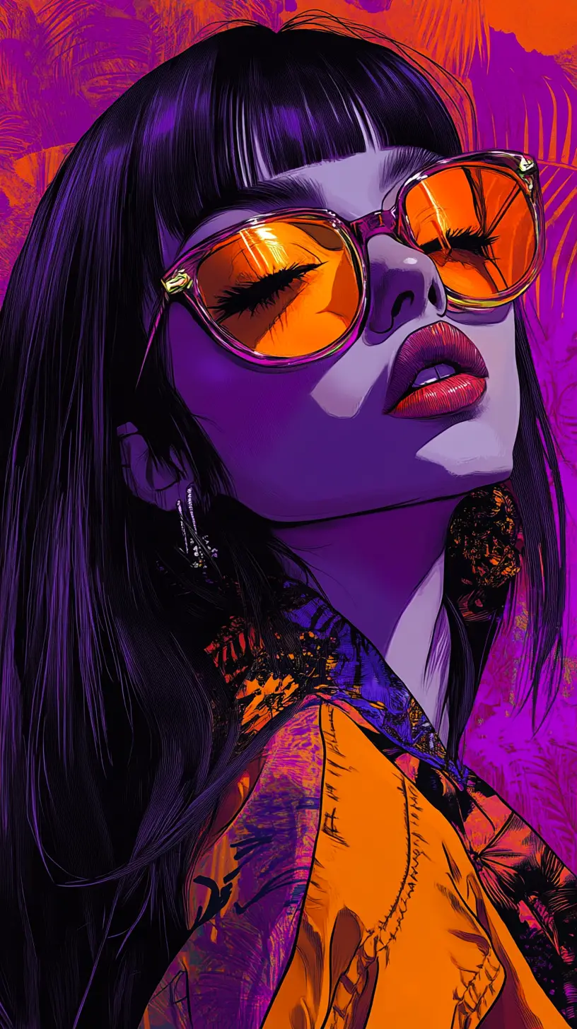 Young woman fashion illustration in bold orange and purple