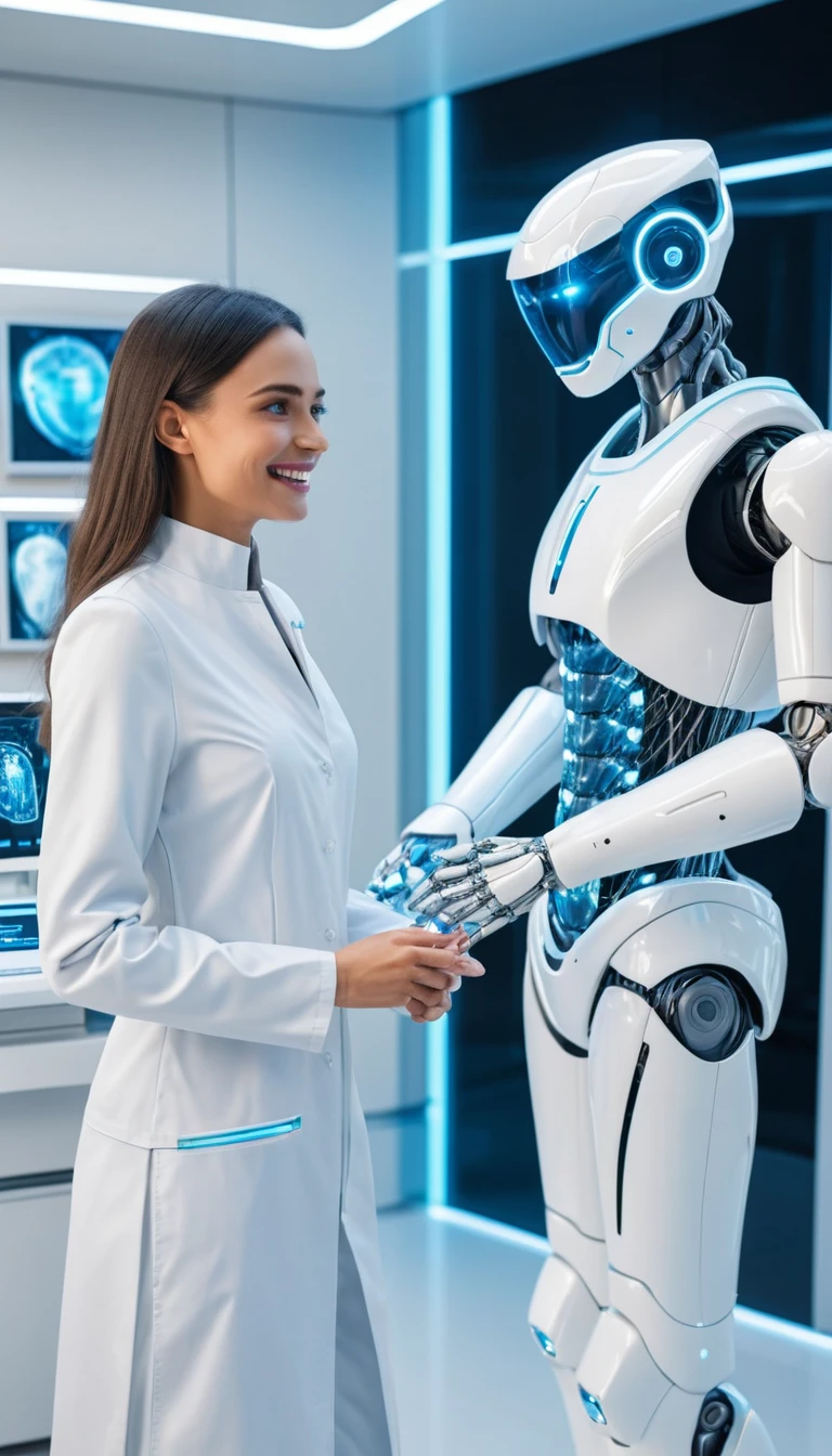 Dentista futurista con robot humanoide en clínica de alta tecnología