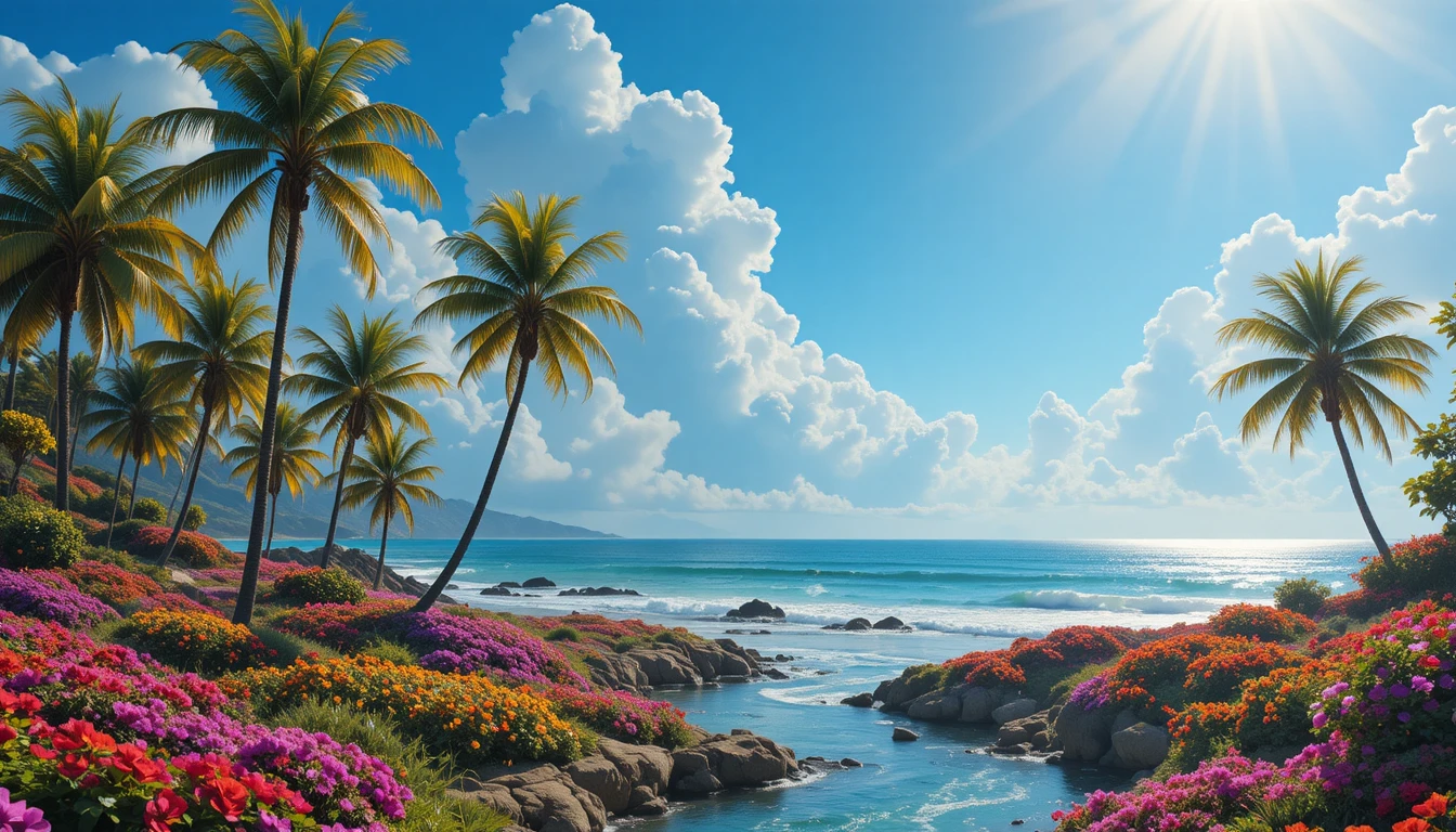 Sunny tropical coastline with palms and winding stream
