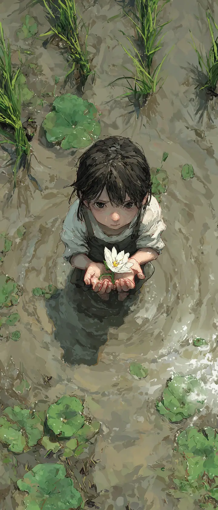 Young girl holding lotus in flooded rice field after storm