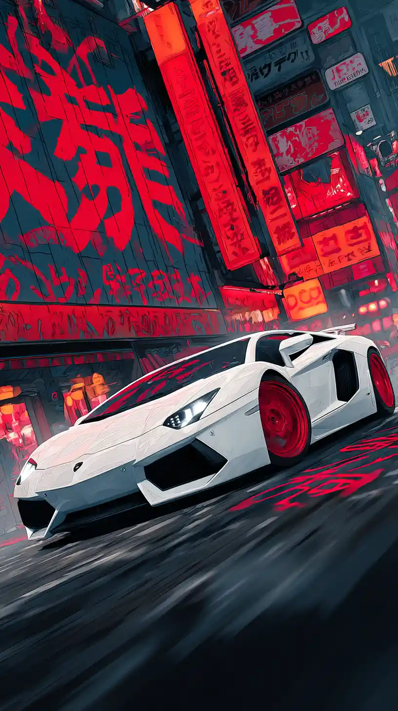 White sports car racing through neon lit Tokyo street