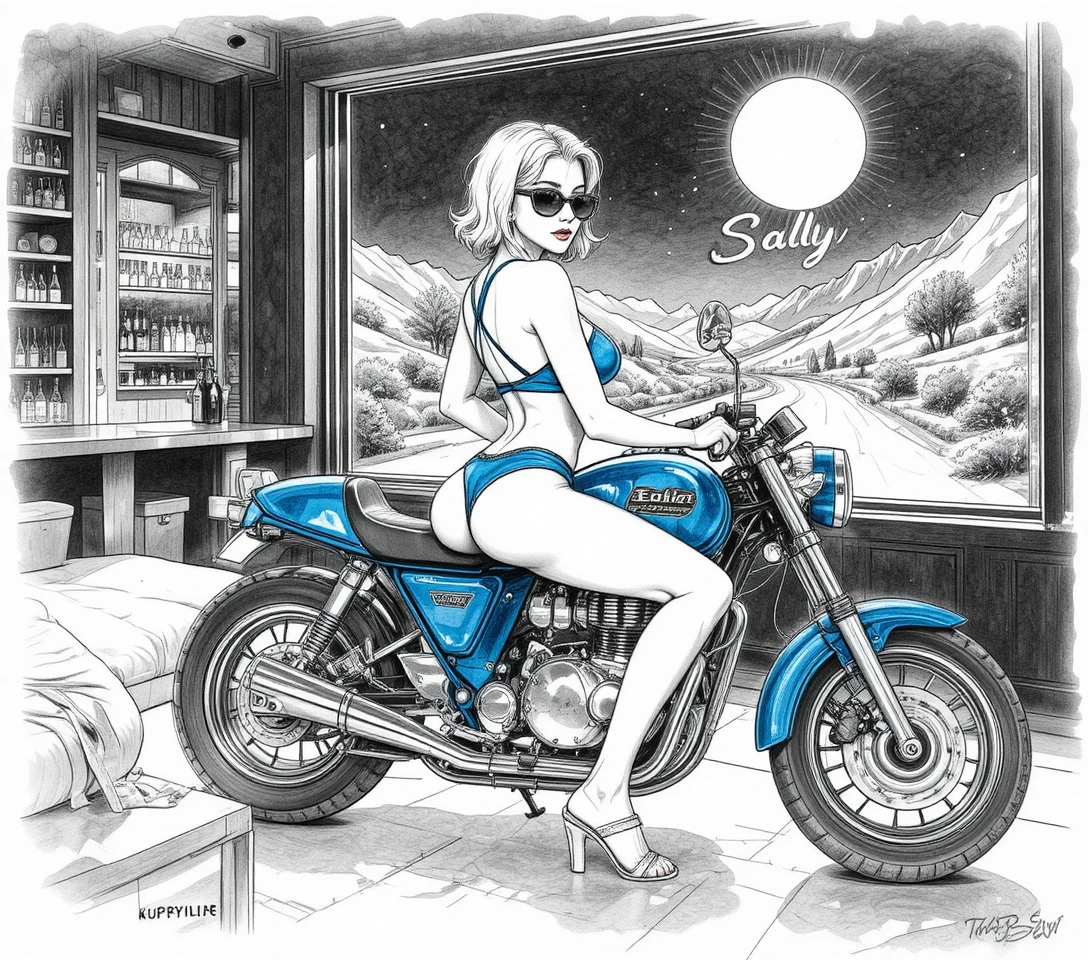 Red haired woman on dark blue motorcycle in neon bar