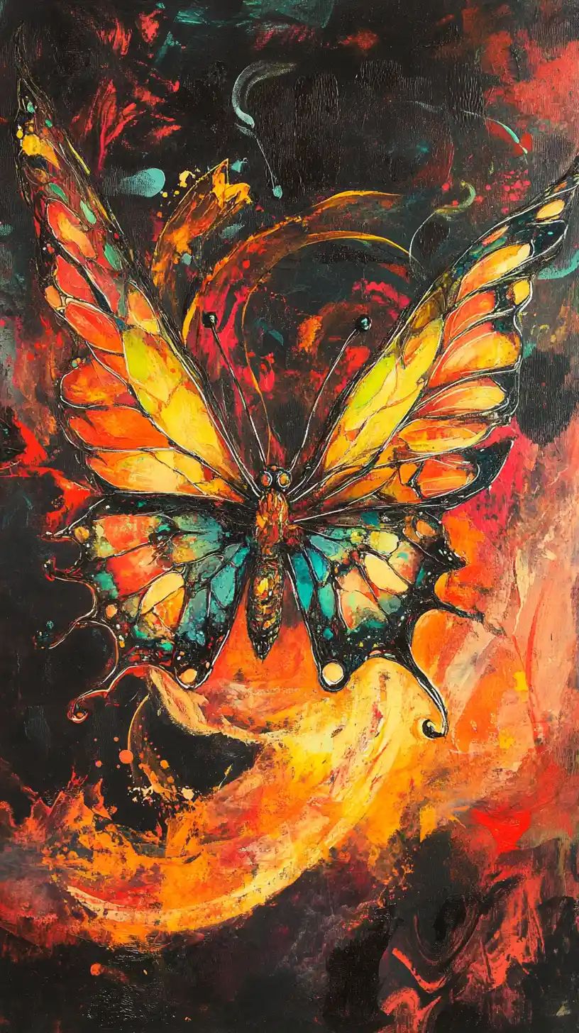 Fiery abstract butterfly with swirling dragon scale wings
