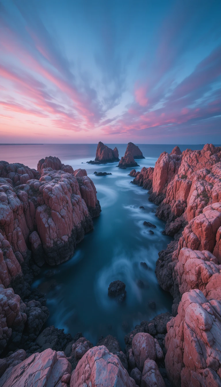 Paisaje marino de la costa de granito rosa en la hora azul antes del amanecer