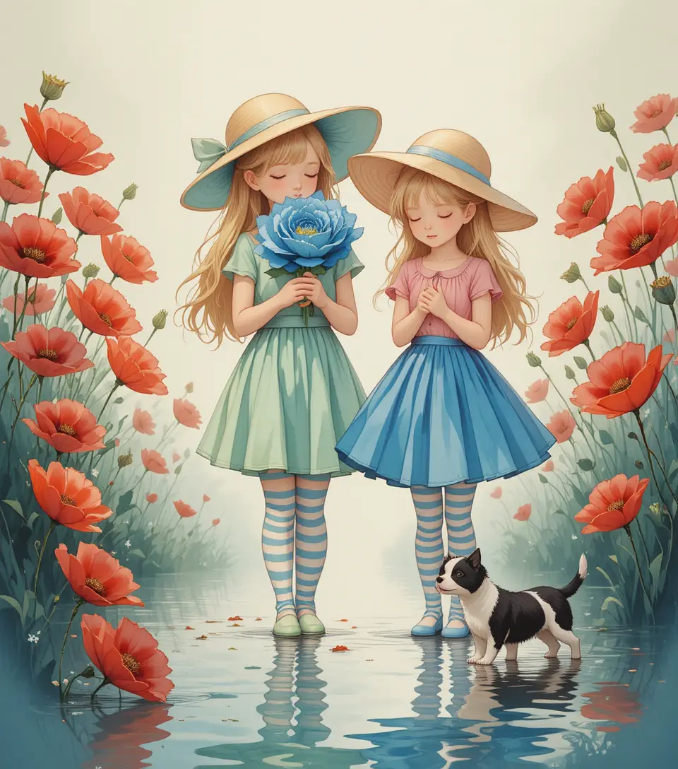 Two serene girls with sun hats standing in reflective water