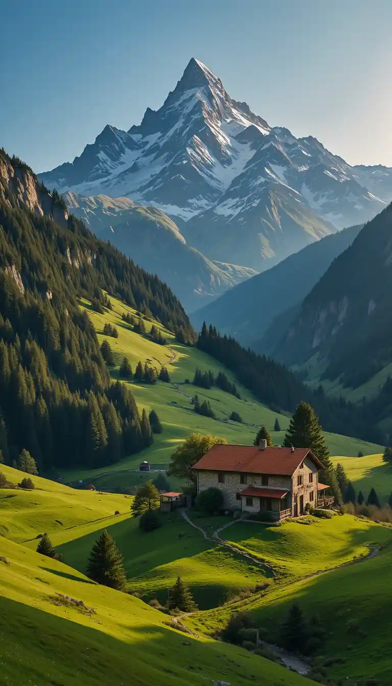 Sunlit mountain valley with stone house and evergreen forests