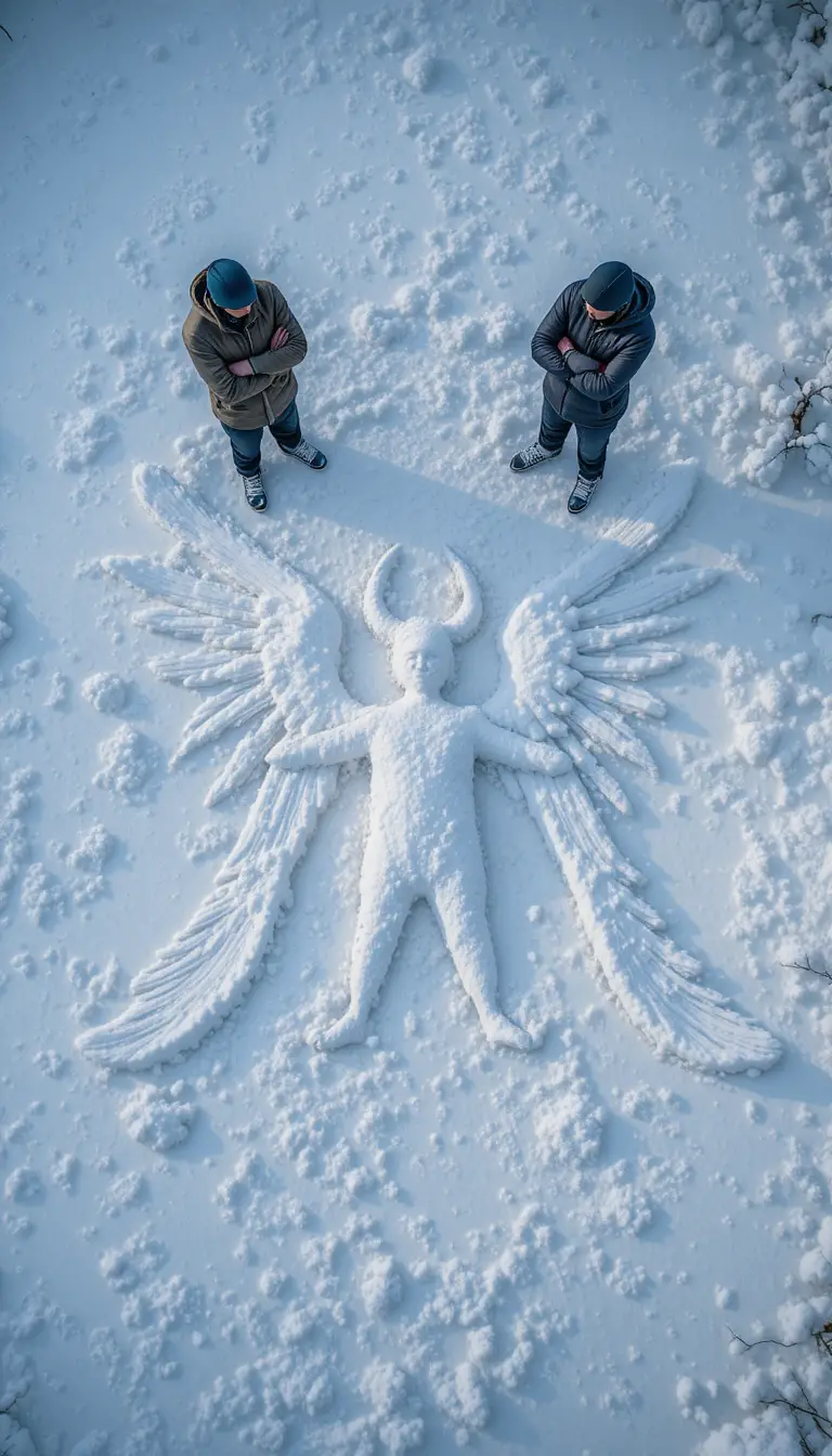 Playful family snow angels seen from a bird s eye view