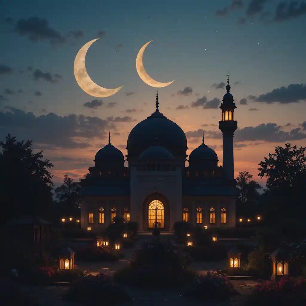 Noche tranquila de Ramadán con faroles brillantes y luna creciente