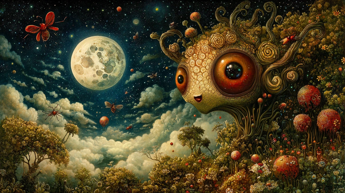 Elfo cósmico surreal caminando por un paisaje brumoso a la luz de la luna