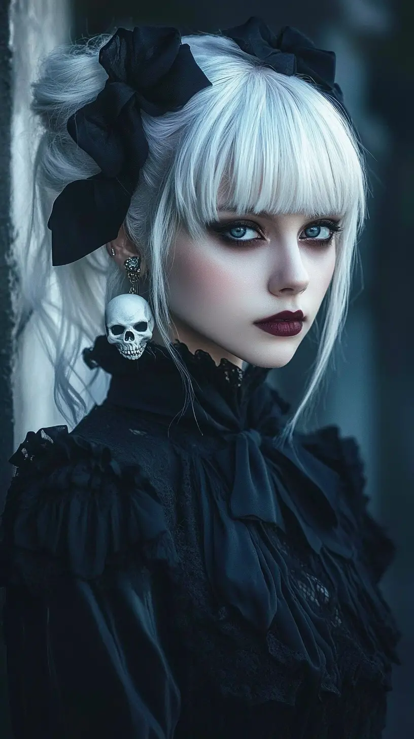 White haired woman with skull earring in dark portrait