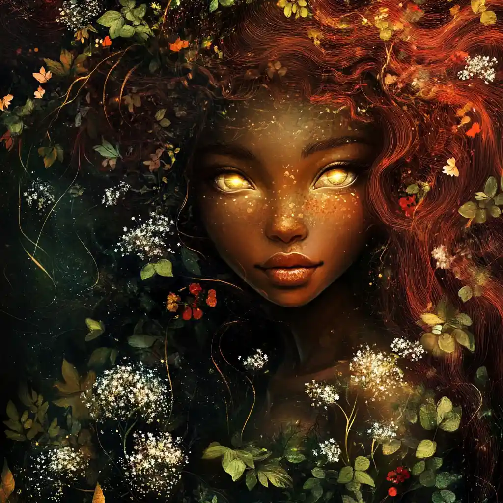 Forest spirit woman awakening with glowing mystical eyes