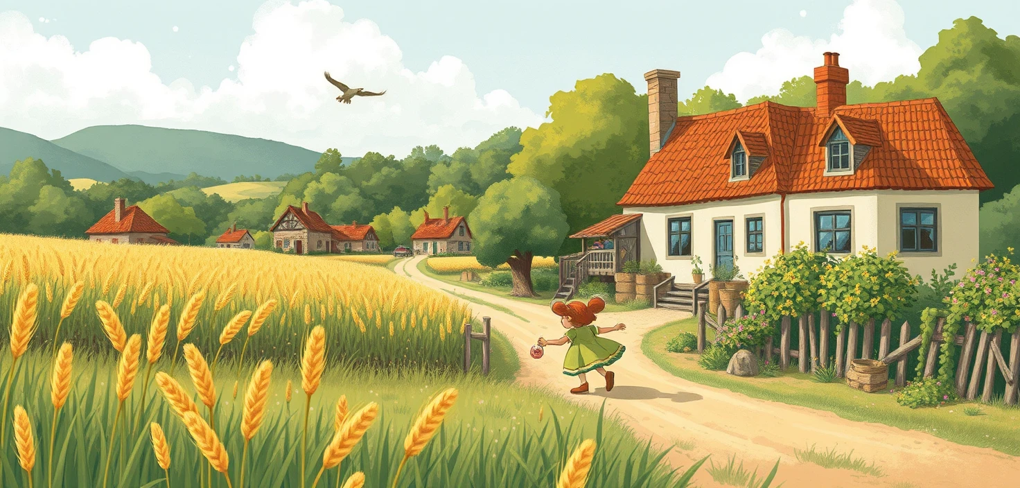 Encantador passeio em estilo de livro infantil pelos campos de trigo da vila