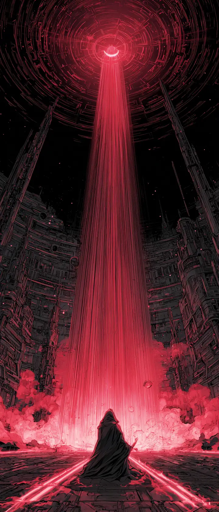 Ancient dark warrior unleashing crimson power in hangar
