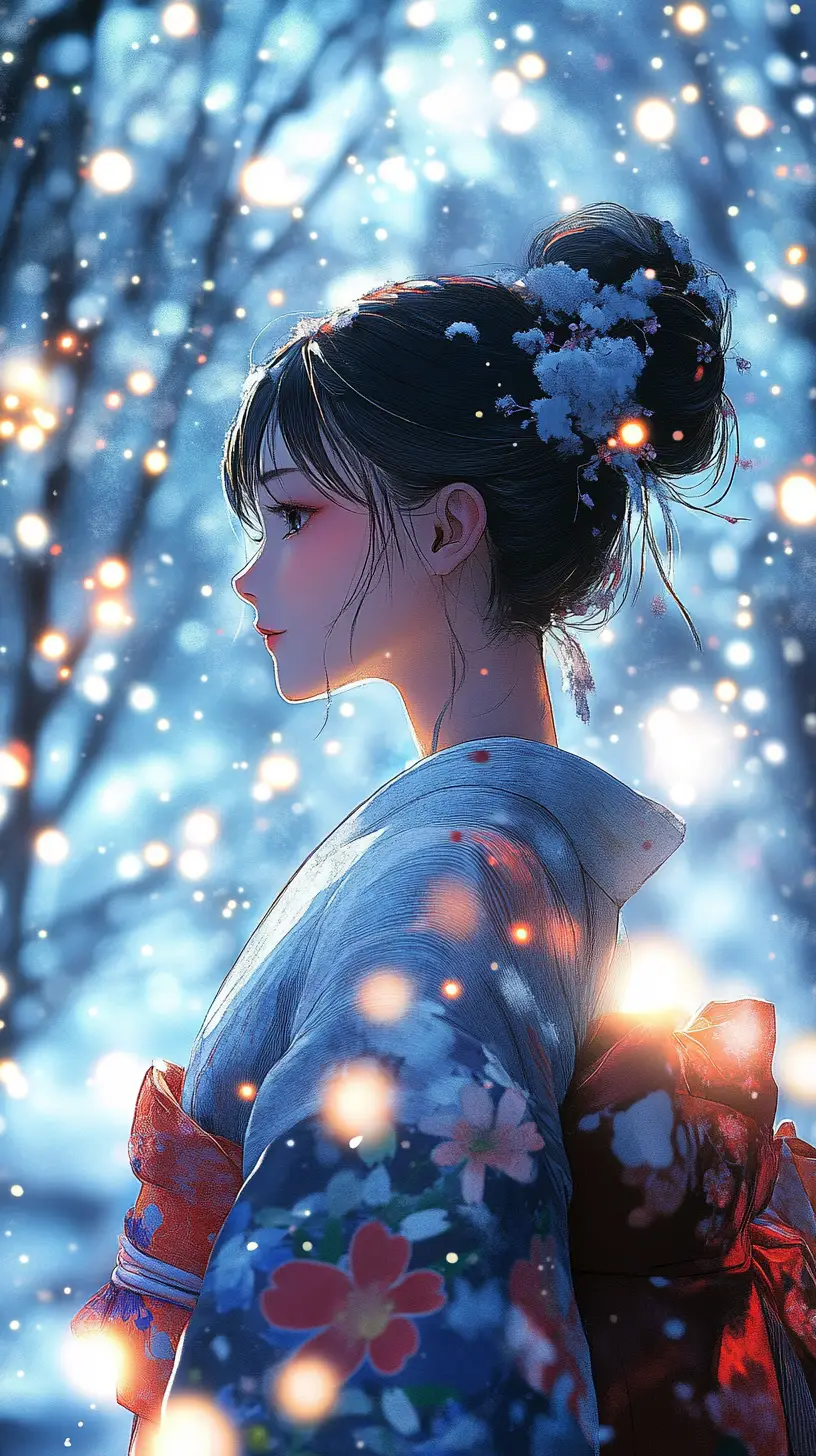 Young woman in kimono walking through snowy firefly garden