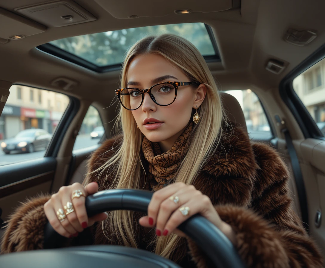 Elegant woman driving a luxury car in soft daylight