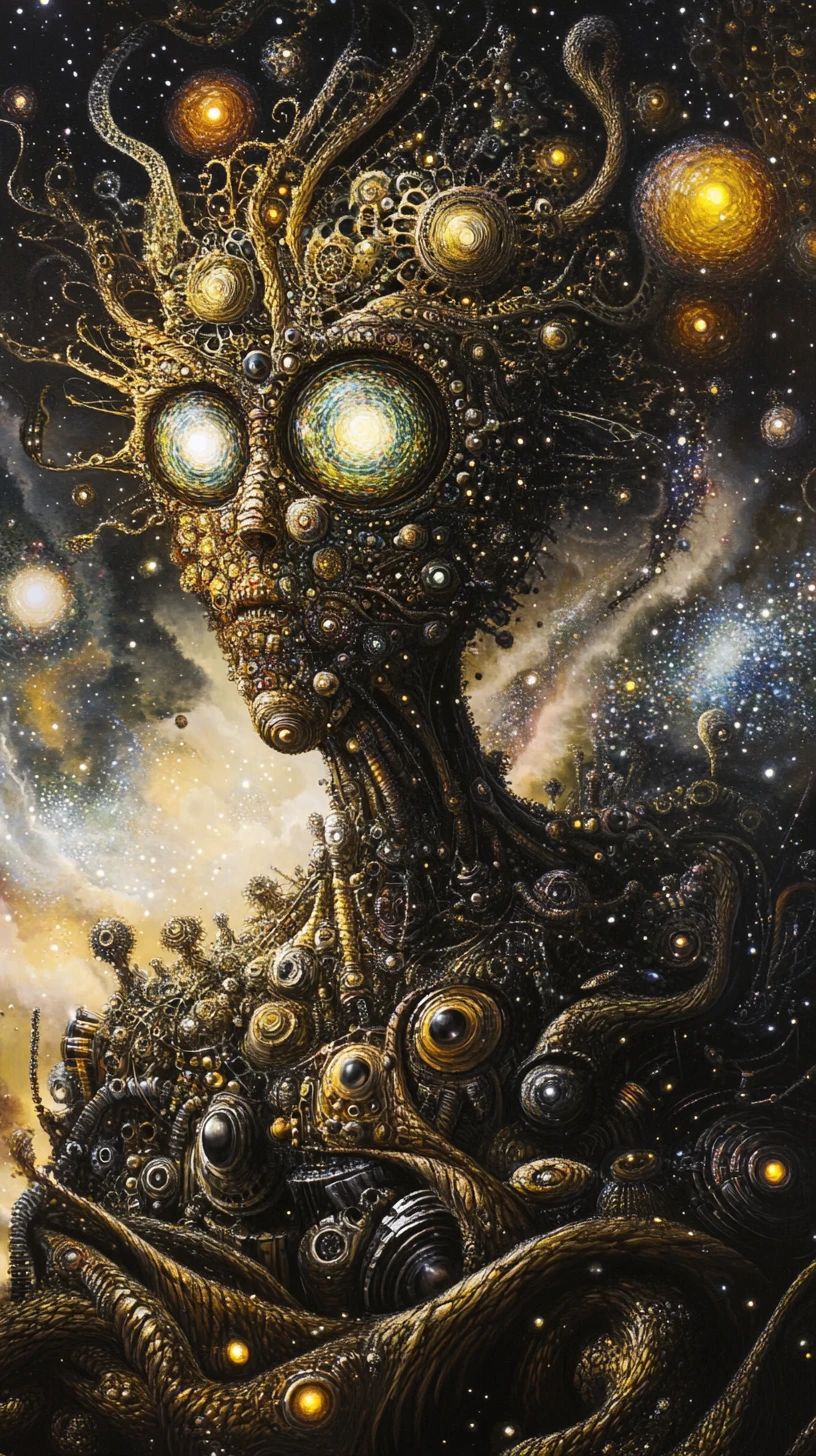 Humanoide steampunk retorcido em um redemoinho de galáxias neon
