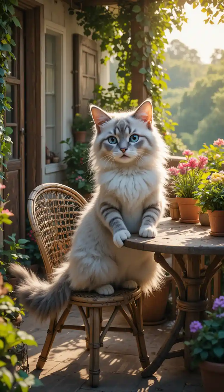Smiling blue eyed cat on sunny countryside balcony