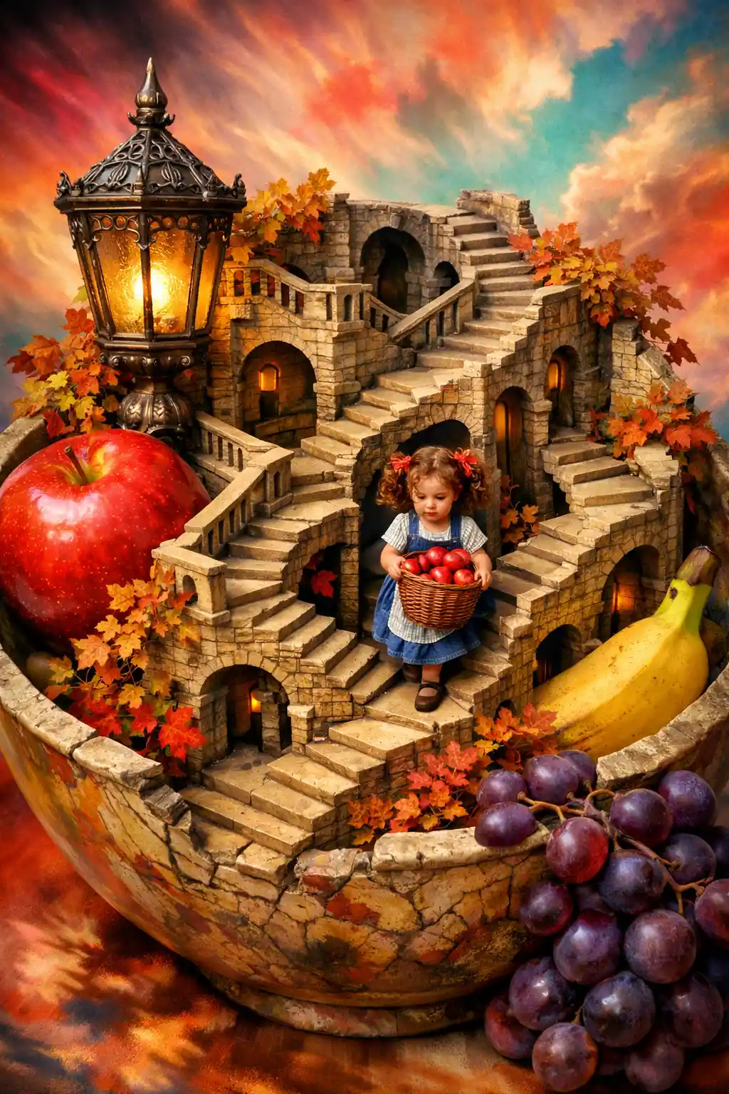 Escalier sculpté surréaliste émergeant d’un bol de fruits